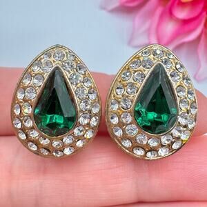Vintage Green Glass Teardrop Rhinestone Halo Earrings Quality Designer Style